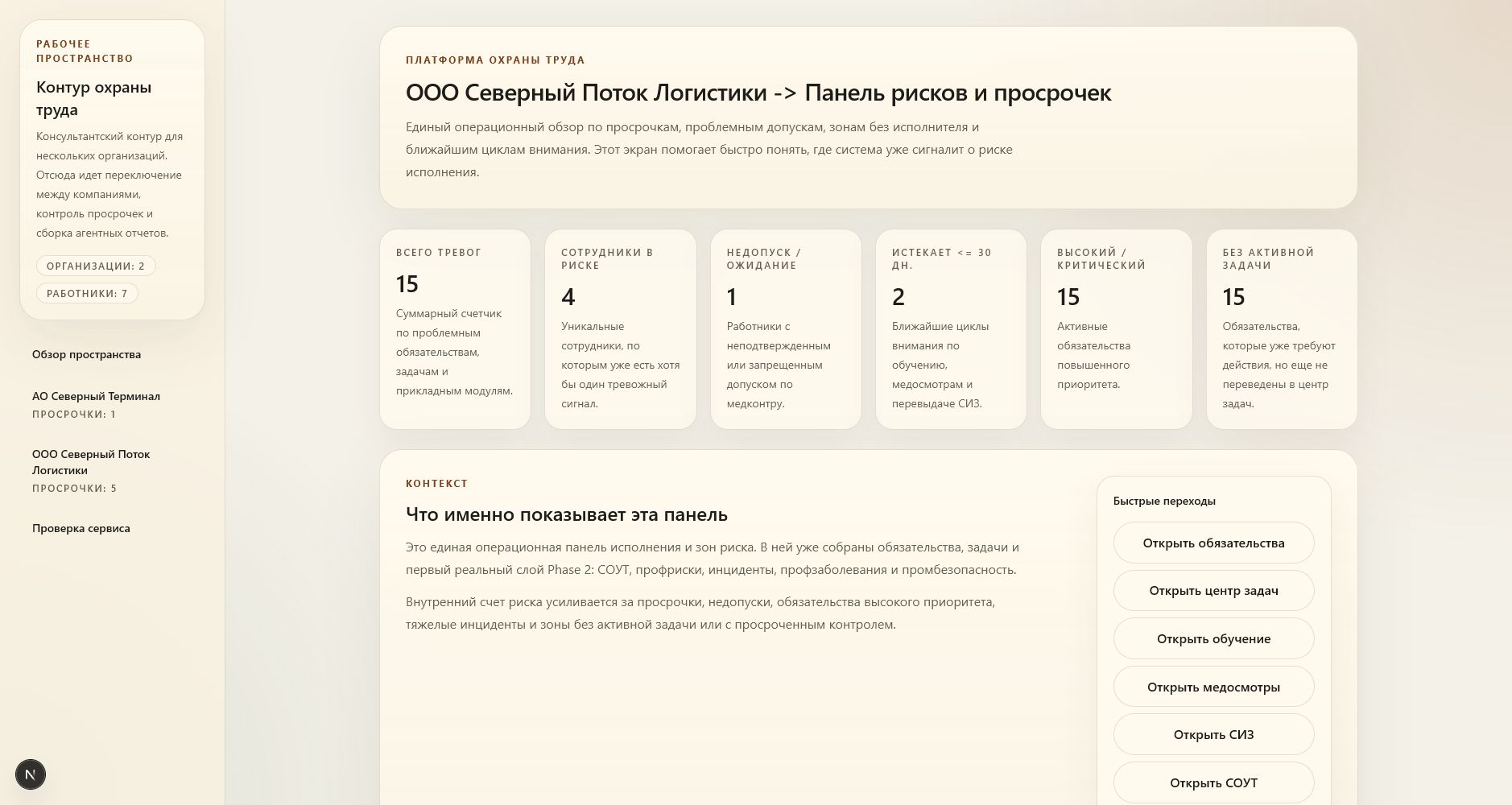 Управленческий дашборд с отчетами, зонами риска и ближайшими сроками контроля